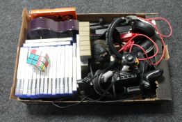 A box of PS2 console and games, ukulele, Beats headphone,