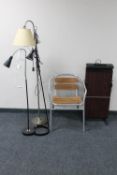 A metal framed cafe style chair together with a Morphy Richards trouser press and three floor lamps