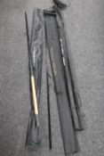 A Leeda Assassin 2 three-piece rod in carry bag together with a Leeda Carpmatch rod in bag and a