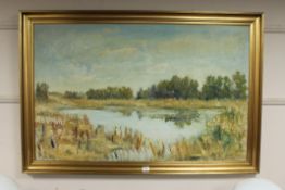 A 20th century oil on canvas : lake scene, 119 cm x 75 cm,