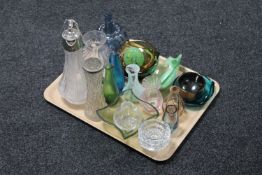 A tray of assorted glass ware - claret jug, Caithness vases,
