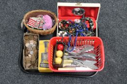 A tray of assorted costume jewellery, jewellery box, pre-decimal, British coins, cutlery,