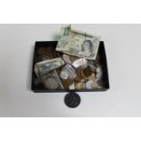 A box of pre-decimal British coins, bank notes, crowns,