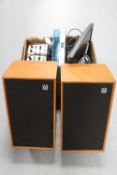 A pair of teak cased Wharfedale speakers together with a box of electricals including a Thandor