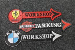 Three cast iron signs; BMW Workshop,