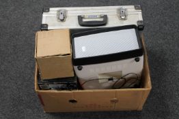 A box of Jessop camera case, portable record player,