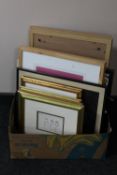 A box of assorted pictures and prints - photographs, wool work panel,