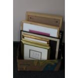 A box of assorted pictures and prints - photographs, wool work panel,