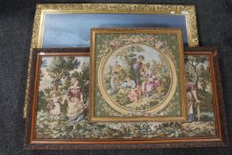 A gilt framed oil : ships at low tide and three tapestry pictures