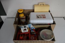 A box of Playmobil and a box of Vet Kit, Fisher Price medical kit,