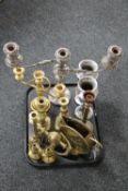 A tray of antique plated candelabrum, Art Deco chrome vases, assorted brass pieces,