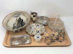 A tray of silver plated wares including napkin rings, bowls,