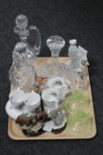 A tray of part coffee set, crystal decanters,