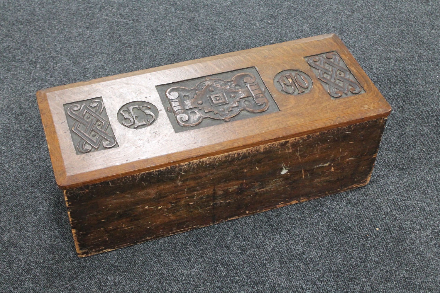 A carved oak and pine Bible box dated 1910