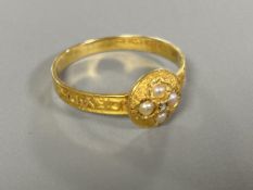 An 18ct gold Victorian pearl and diamond memoriam ring