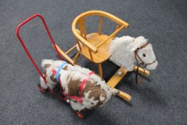 A Pegasus wooden rocking horse chair and a sit on toy horse