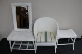 Four items of painted white wicker furniture to include chair, stool,