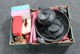 Two boxes of pewter, stainless steel ware, steel ruler, china, ornaments, spoke sets,