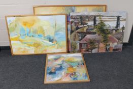 Three framed and one unframed Dora Hurst oils on boards - abstract scenes