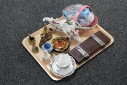 A tray of moustache cup, crested china, brass bell,