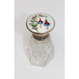 A silver and enamel topped cut glass scent bottle, height 8.
