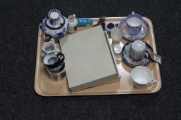 A tray of china, ornaments, crested hat,