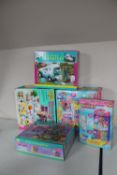 A box of Polly Pocket dream world, Melanies Mall beauty world and jewellery shop,