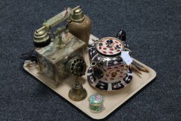 A tray of onyx telephone, pottery jug, antique china teapot on stand,