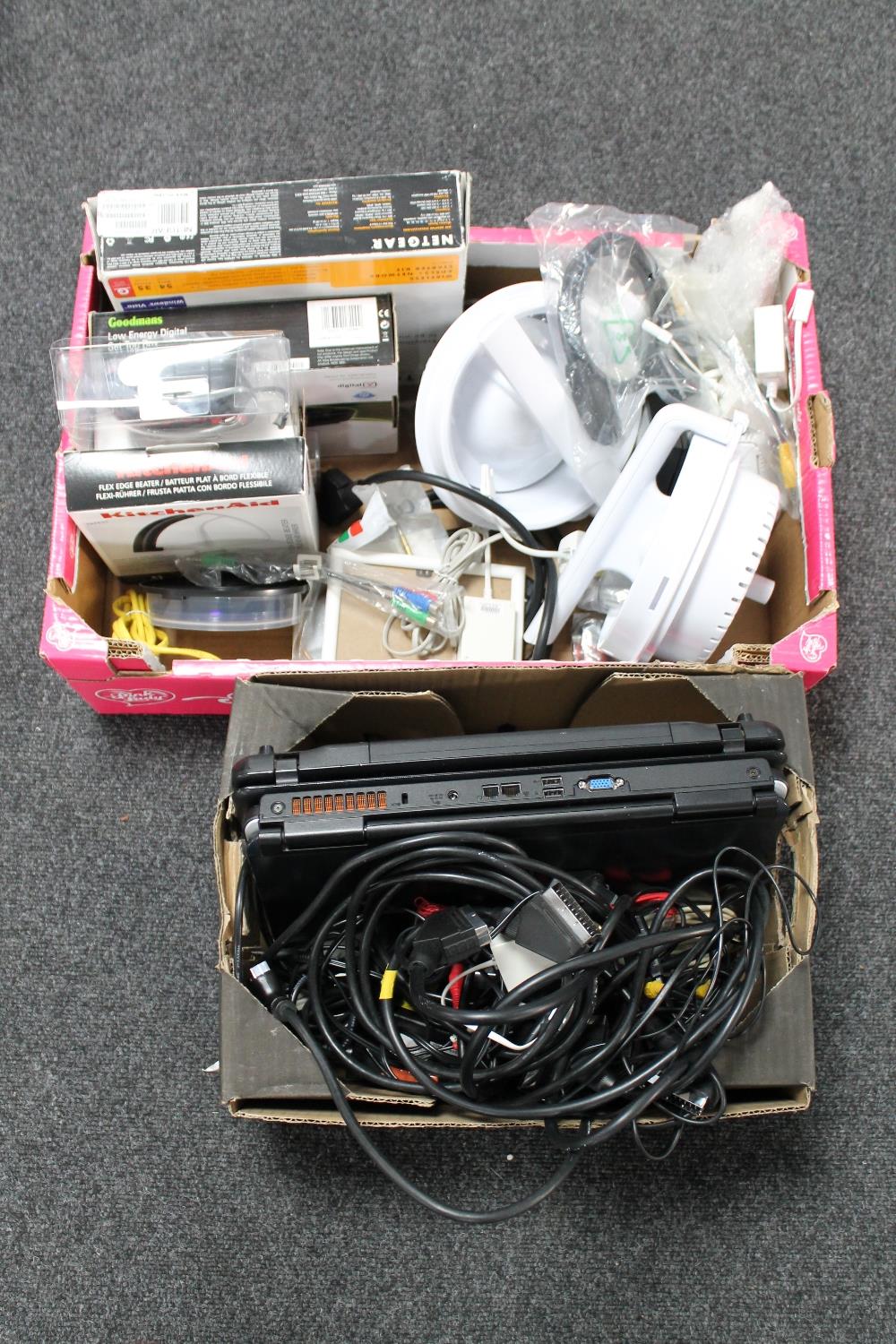 Two boxes of electricals, kitchen aid, Netgear router,