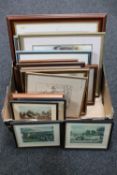 A box of assorted framed pictures, needlework panel,