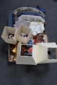 Two boxes of china plates, Malta glass, table lamps, melamine Brunner tableware,