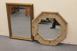A gilt framed mirror and a pine framed mirror