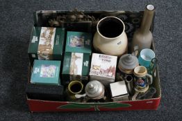 A box of five boxed Lilliput Lane cottages, West German vases, beer steins,