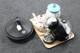 A Emile Henry cast iron lidded tagine and a tray of Nescafe Dolce Gusto coffee machine,