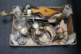 A box of metal fire, antique fire dog with part companion set, horse brasses,