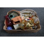 A box of assorted glass ware : cranberry glass vase, Royal Winton tankard, wall plates,