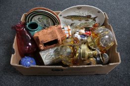 A box of assorted glass ware : cranberry glass vase, Royal Winton tankard, wall plates,