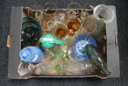 A box of 20th century glass ware, Bakelite flask,