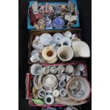 Four boxes of assorted china : Ringtons caddies and jugs, tea services, vases, planter,