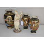 Three Japanese Satsuma vases and a Japanese figure of a man on marble base