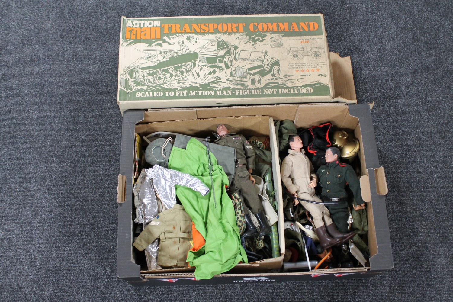 An Action Man transport command jeep, box of three Action Man figures,