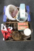 Two boxes of Kenwood chef mixer with manual, kitchen scales,