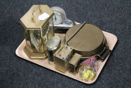 A tray of assorted battery operated mantel clocks, cut glass clock,