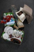 Four boxes of household wares : CD's, china, cups, saucers, plates, cushions, 5' Christmas tree,