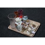 A tray of three piece Maling trinket set, Royal Albert china, studio glass vases,