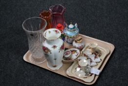 A tray of three piece Maling trinket set, Royal Albert china, studio glass vases,