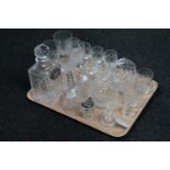 A tray of drinking glasses, lead crystal whisky decanter, Swarovski table light (a/f),