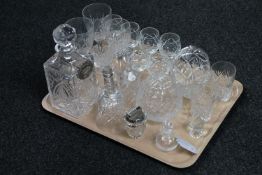 A tray of drinking glasses, lead crystal whisky decanter, Swarovski table light (a/f),