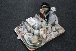 A tray of Lladro figure, Royal Doulton character jug, antique jar lid,