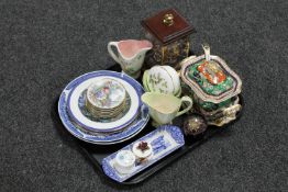 A tray of ornamental glass boat in display case, blue and white plates, tureen and cover,